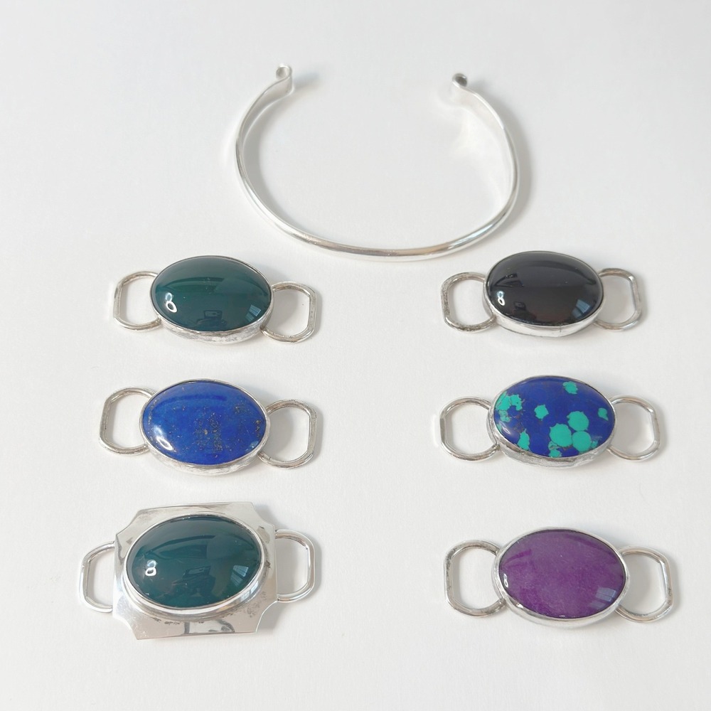 Vintage Mathews Cuff Set, Lapis, Malachite Onyx Sugilite 108g Silver